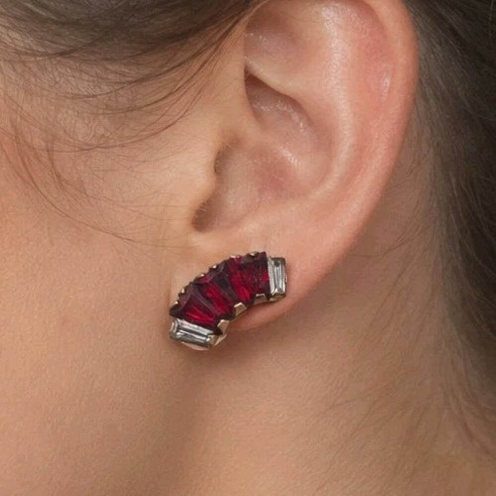 Vintage Signed ‘Phyllis’ Red Clear Rhinestone Screw back Earrings 12K GF Small